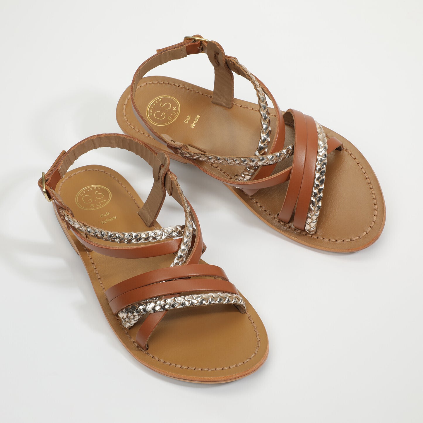 ALPINE sandales en cuir camel+gold
