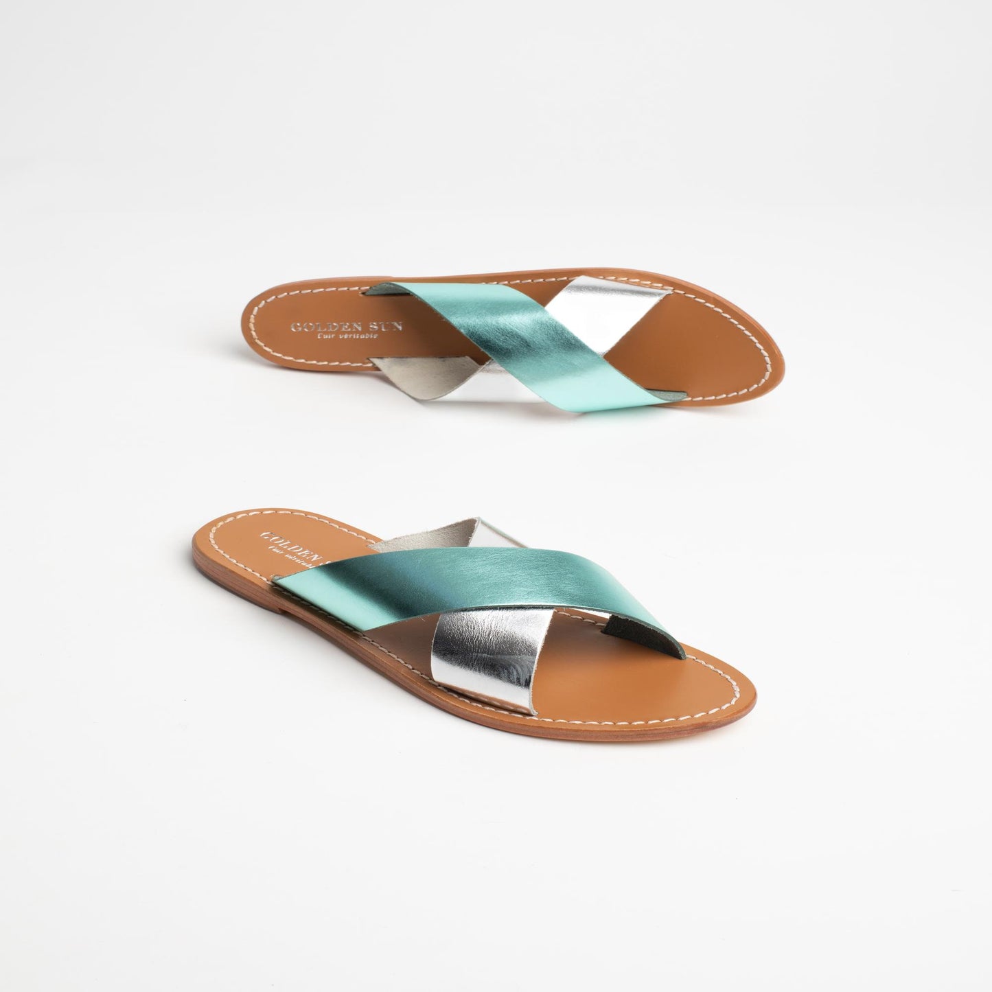 MINA sandales en cuir aqua + silver